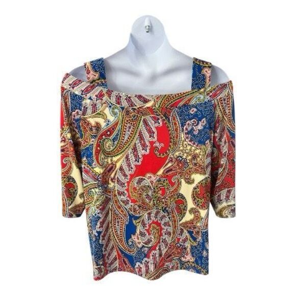 Chico’s Blue Multicolor Paisley Blouse Size 3 (XL/16) Cold-Shoulder Stretch - Picture 5 of 14